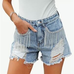 ORIG MSRP $78 ✨ POL Rhinestone Fringe Distressed Denim Shorts  Size S ✨QUICKSHIP